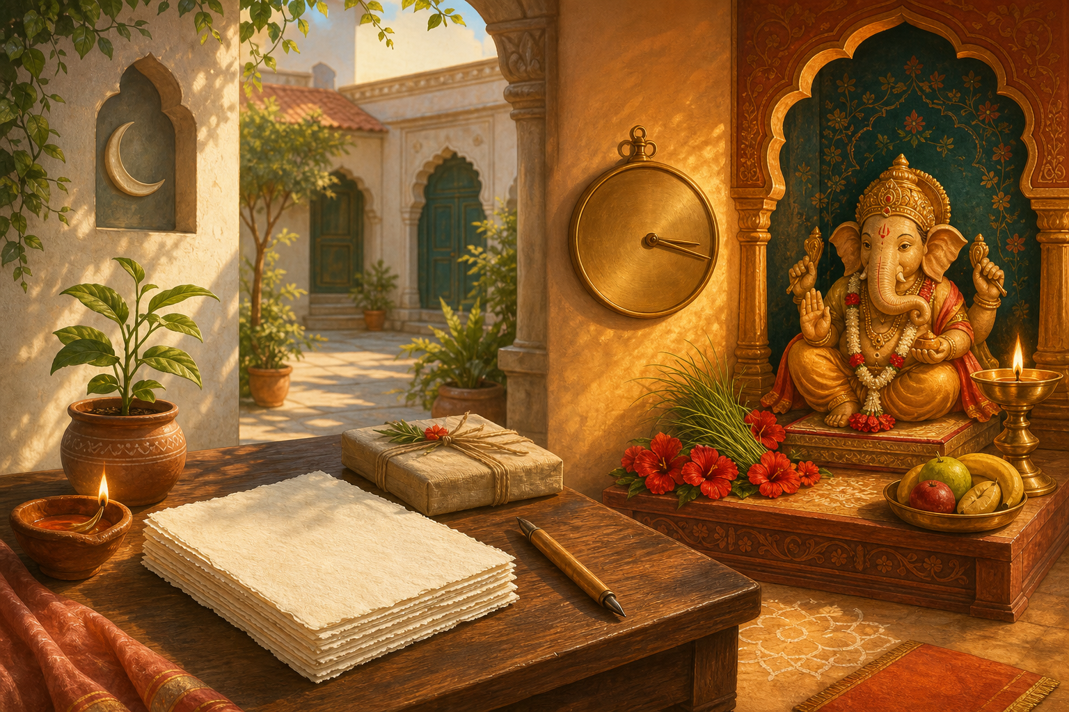 An Indian home courtyard transitions from a daylight workspace with paper and a plant to a golden-lit Ganesha shrine with flowers, fruit, and a brass lamp.