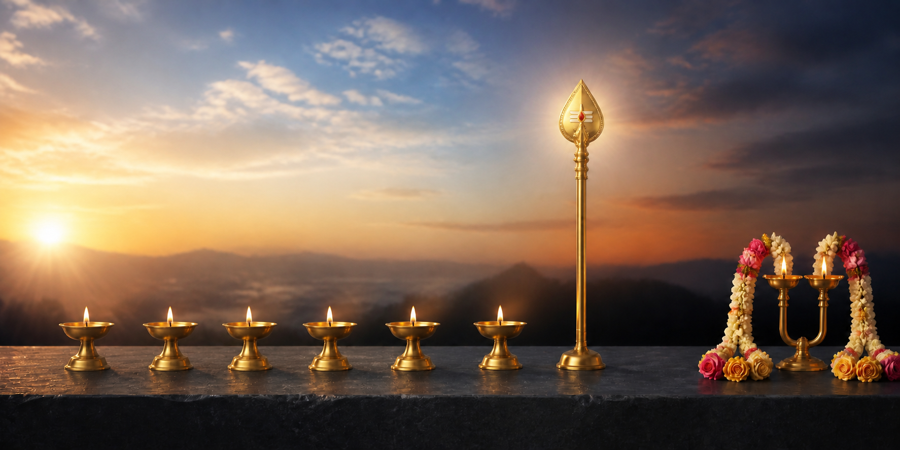 Six brass lamps lead to a vel spear, followed after an open space by ceremonial flower garlands and two joined lamps.