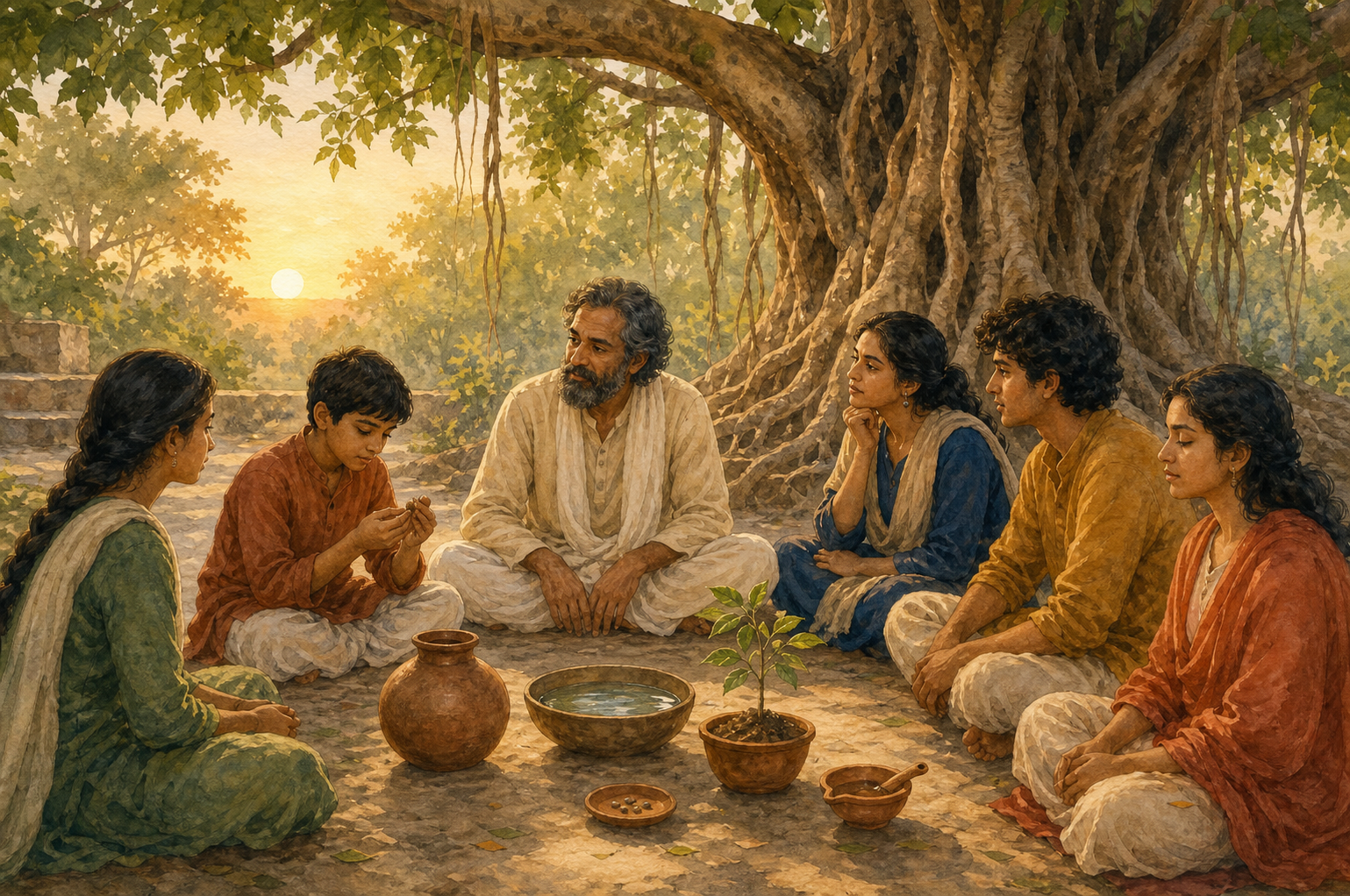 A teacher and a small circle of learners examine a seed, clay vessel, water bowl, plant, and lamp beneath a banyan tree.