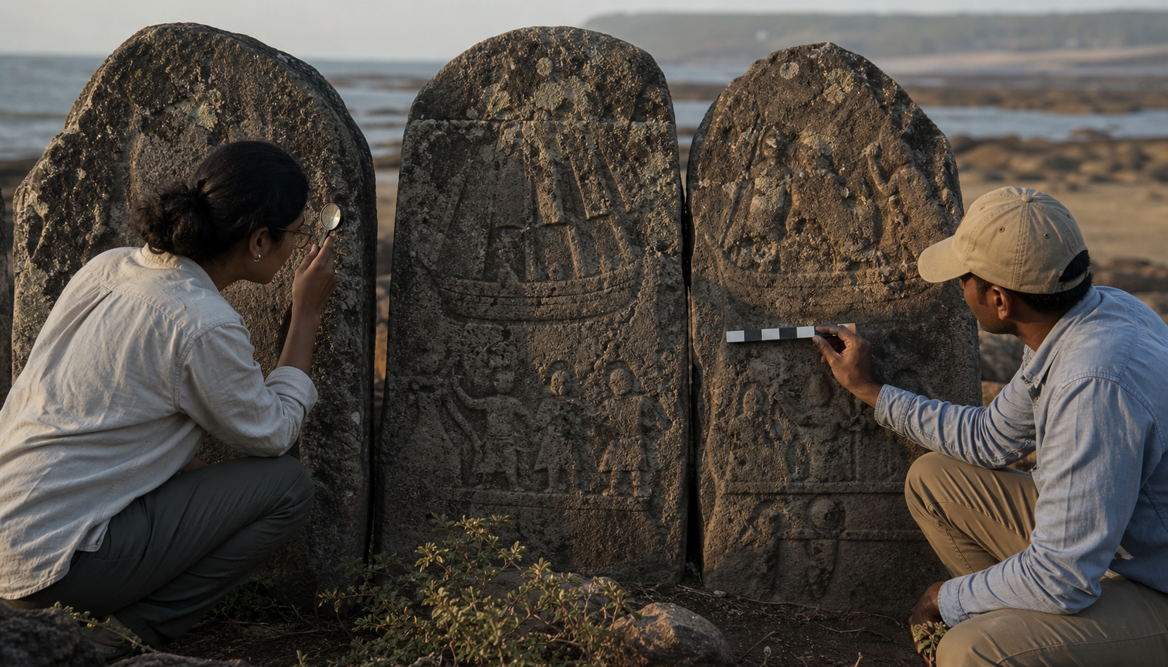 Two researchers examine weathered Eksar hero-stone memorials whose eroded carved panels include boats and armed figures.