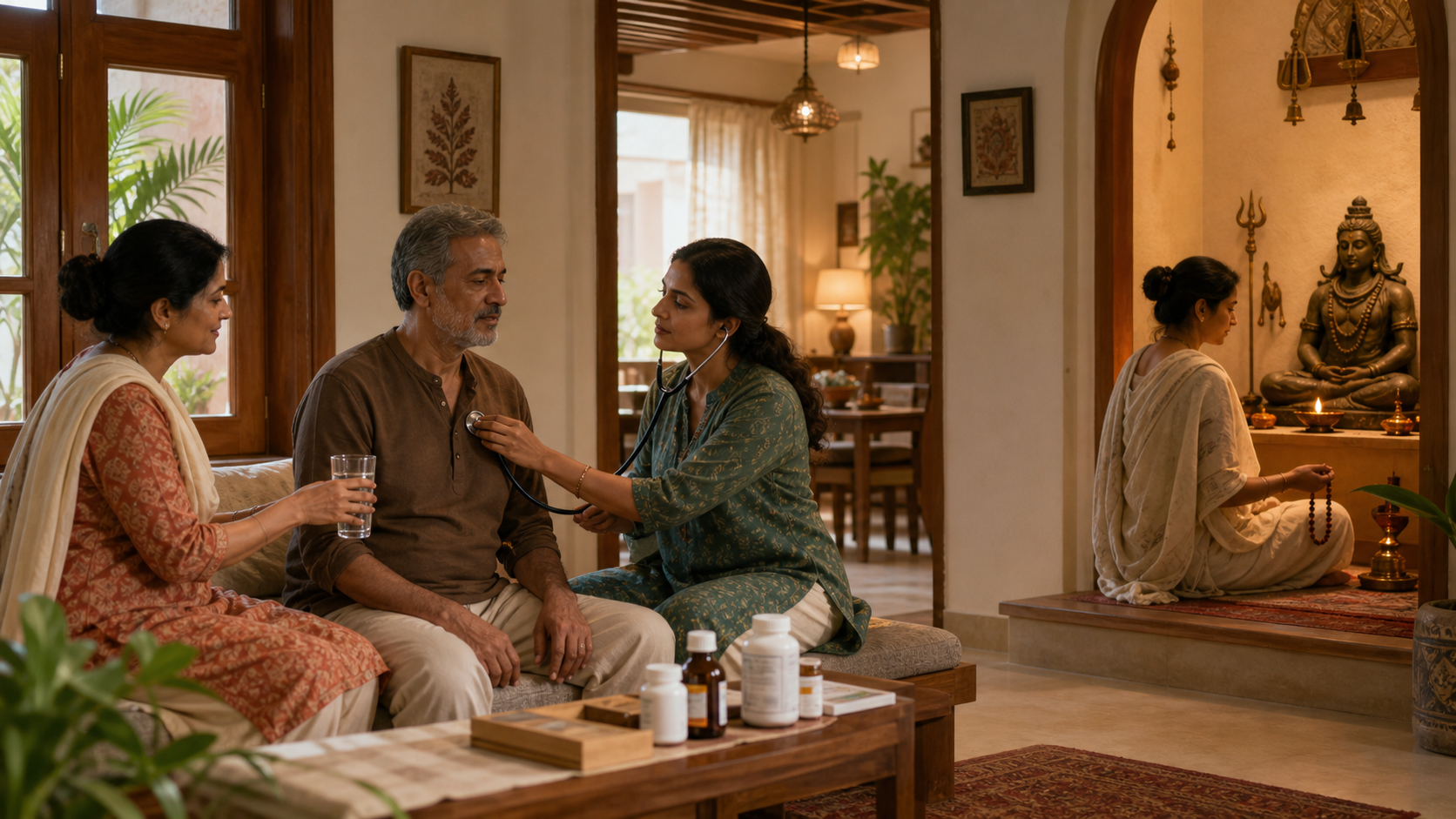 A clinician examines a patient while a caregiver brings water and another family member prays at a small shrine in a separate alcove.