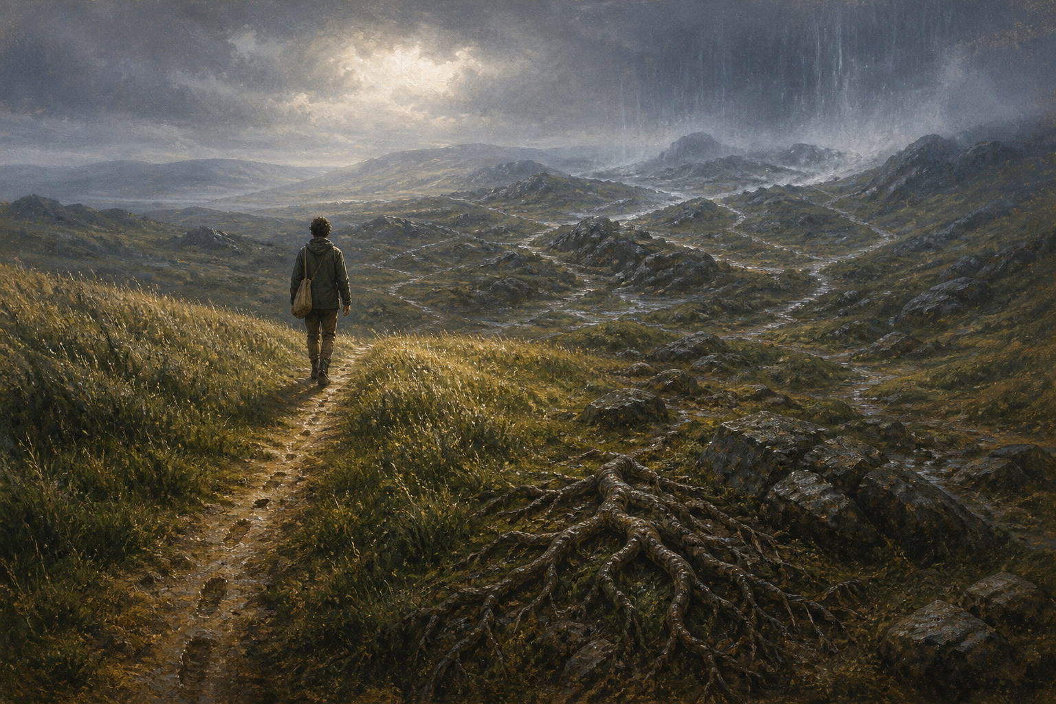 A person walks along a well-worn path through uneven grass and rocks as exposed tree roots branch beside the trail and mist obscures the distance.