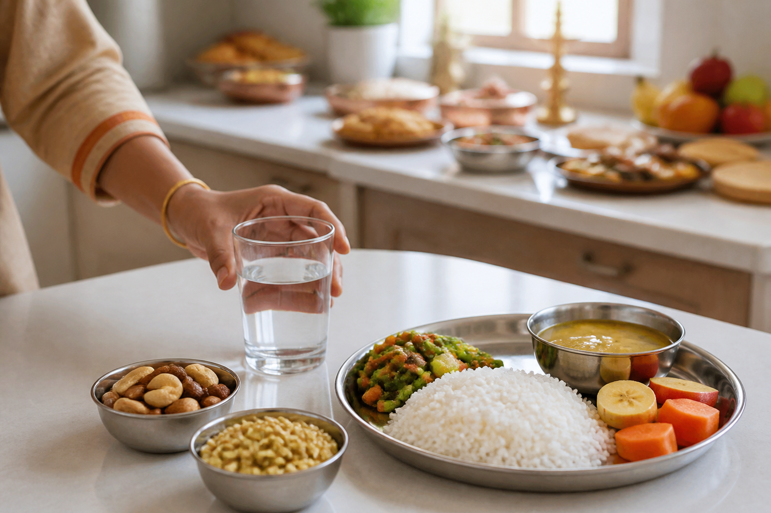 A simple meal of rice, vegetables, fruit, nuts, lentils, and water is arranged for a moderate religious fast.