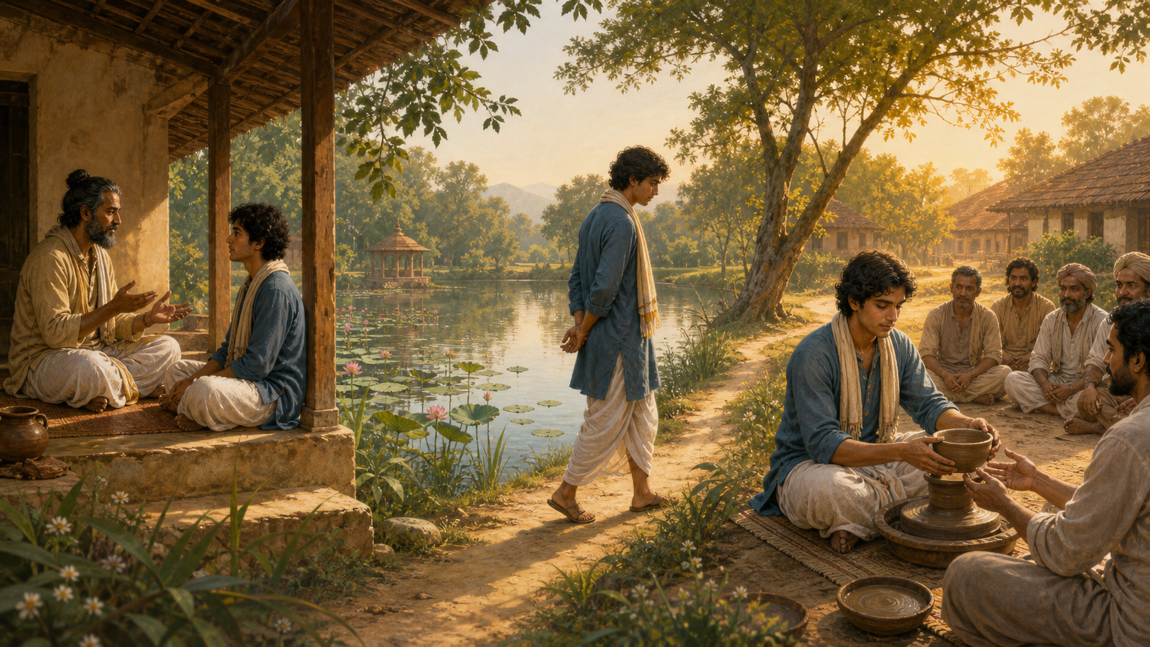 A learner listens to a teacher, reflects beside a pond, and then shapes and shares a clay bowl in a continuous scene.