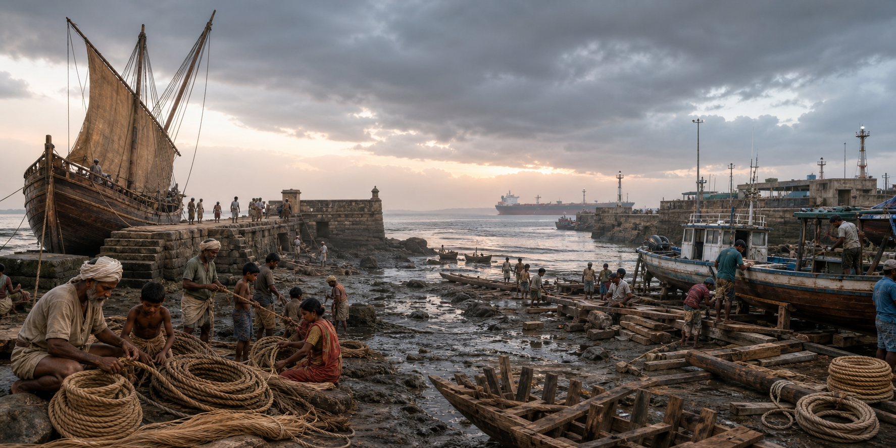 One coastal panorama transitions from a premodern sailing harbour to a present-day boatyard with motorized boats and a distant cargo ship.