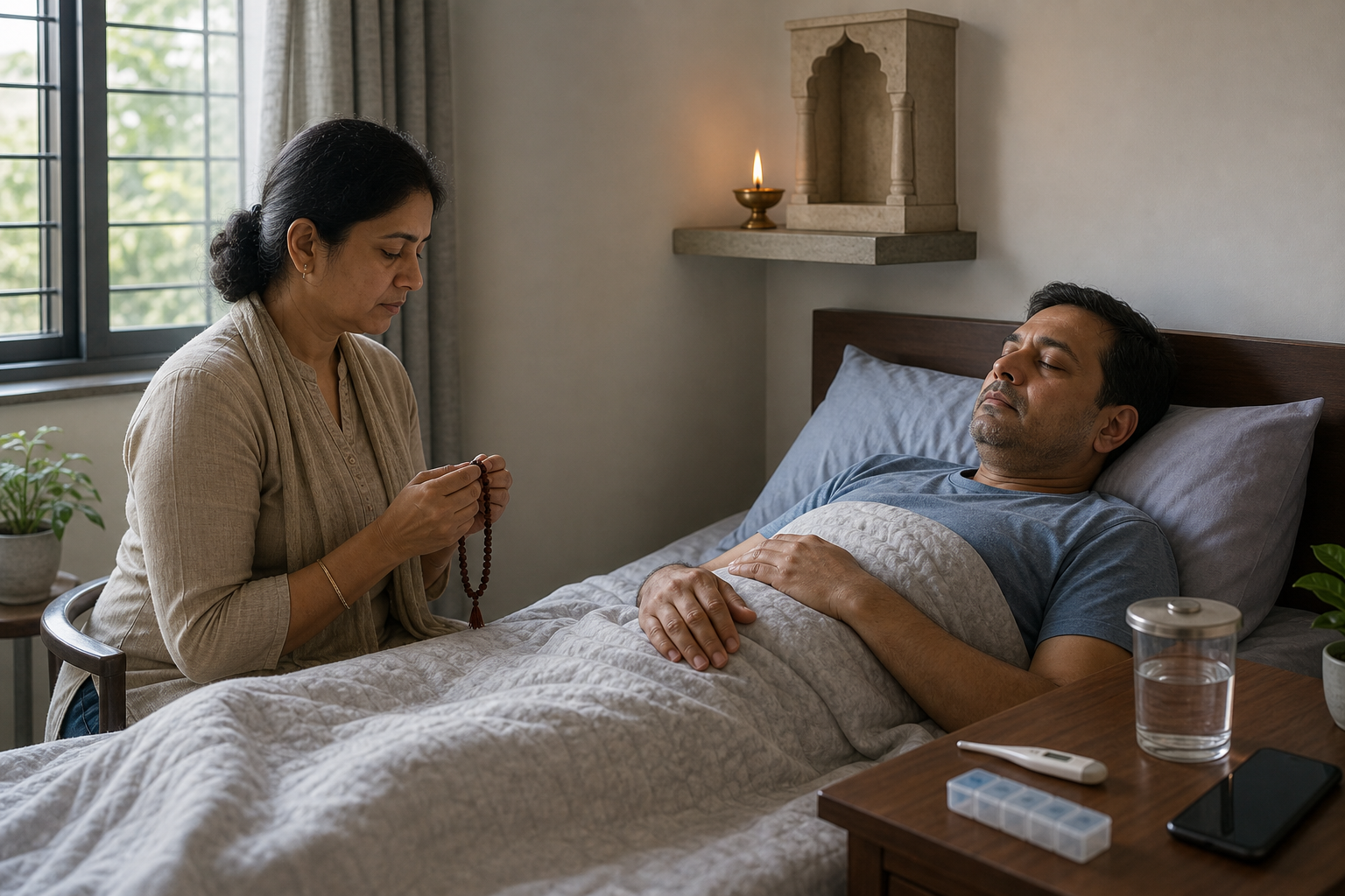 A person rests in bed as a family member prays nearby, with water, a thermometer, medicine, and a phone on the bedside table.