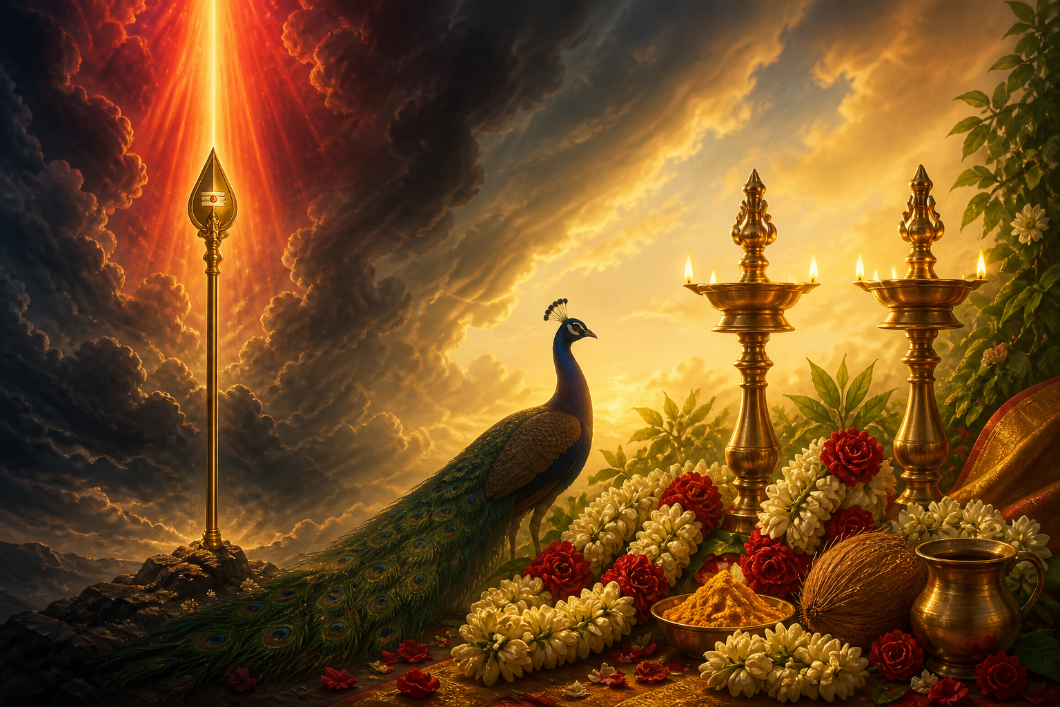 A vel spear under parting storm clouds transitions into a peaceful arrangement of wedding garlands, brass lamps, coconut, and ceremonial vessels.