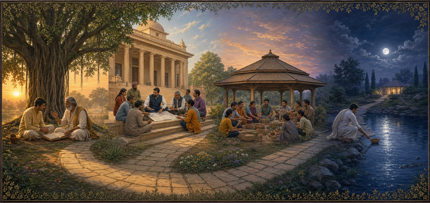 A panoramic journey shows learning beneath a banyan tree, public teamwork, a community gathering, and a solitary figure releasing a clay boat onto a moonlit river.