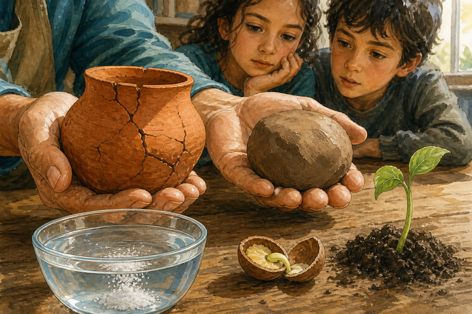 Learners inspect a clay vessel, raw clay, salt water, an opened seed, and a green shoot during a hands-on lesson.