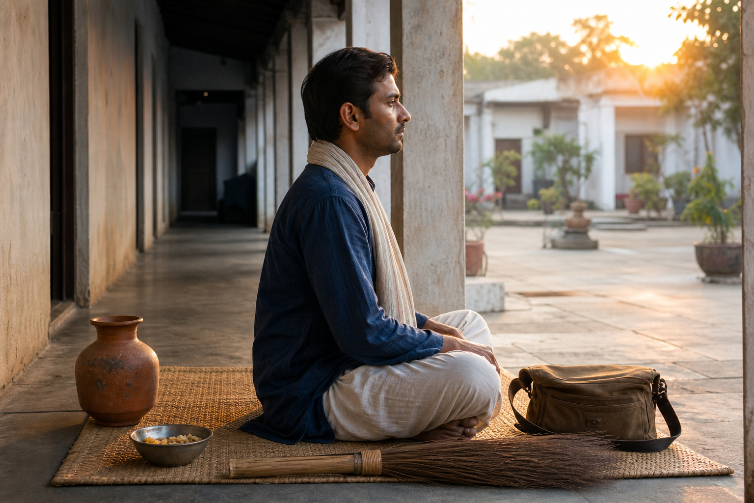 An adult sits in morning contemplation beside a woven mat, broom, clay water vessel, work satchel, and bowl of food in a sunlit courtyard.