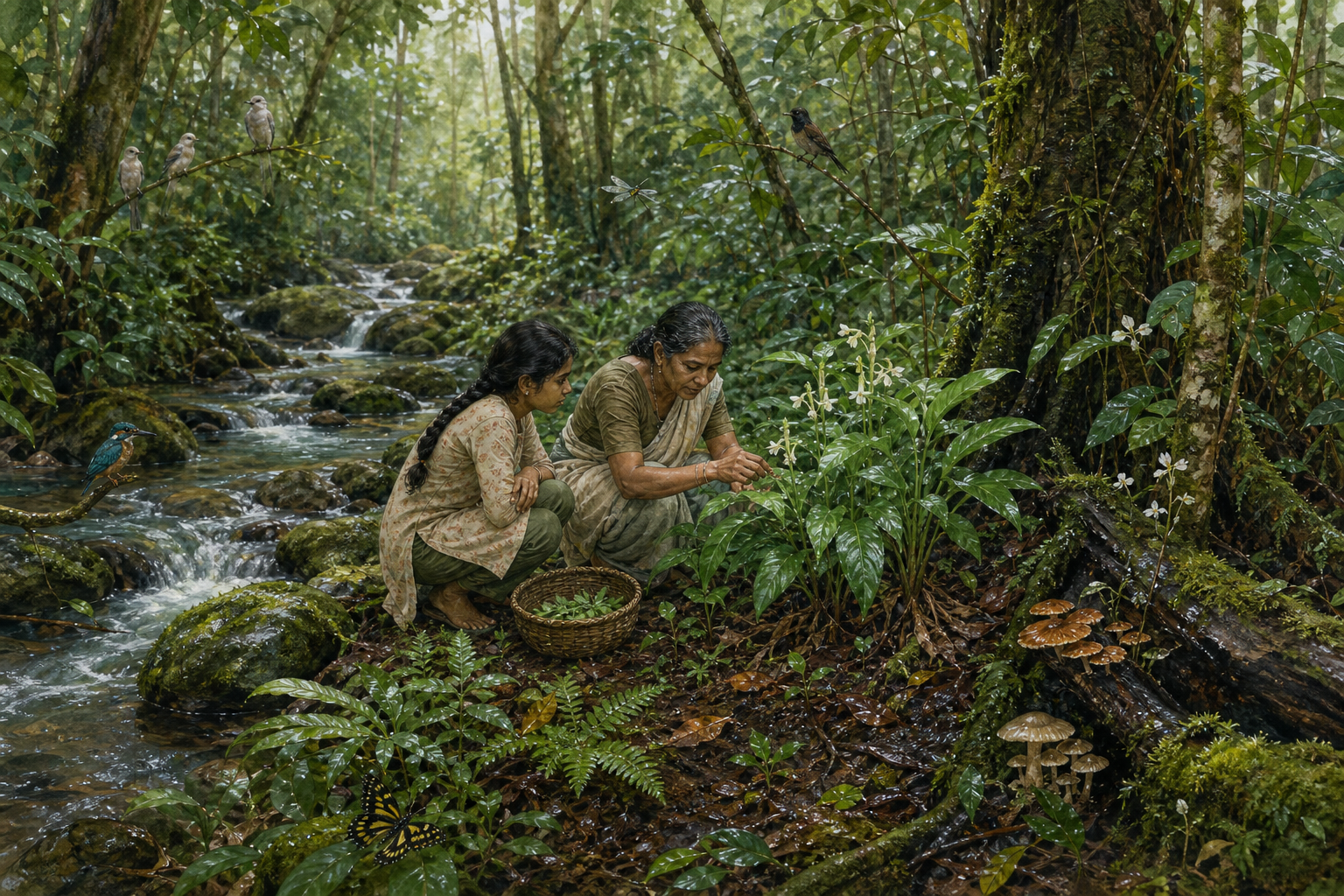 Two people carefully gather a small number of medicinal leaves in a biodiverse forest while leaving the plants and habitat intact.