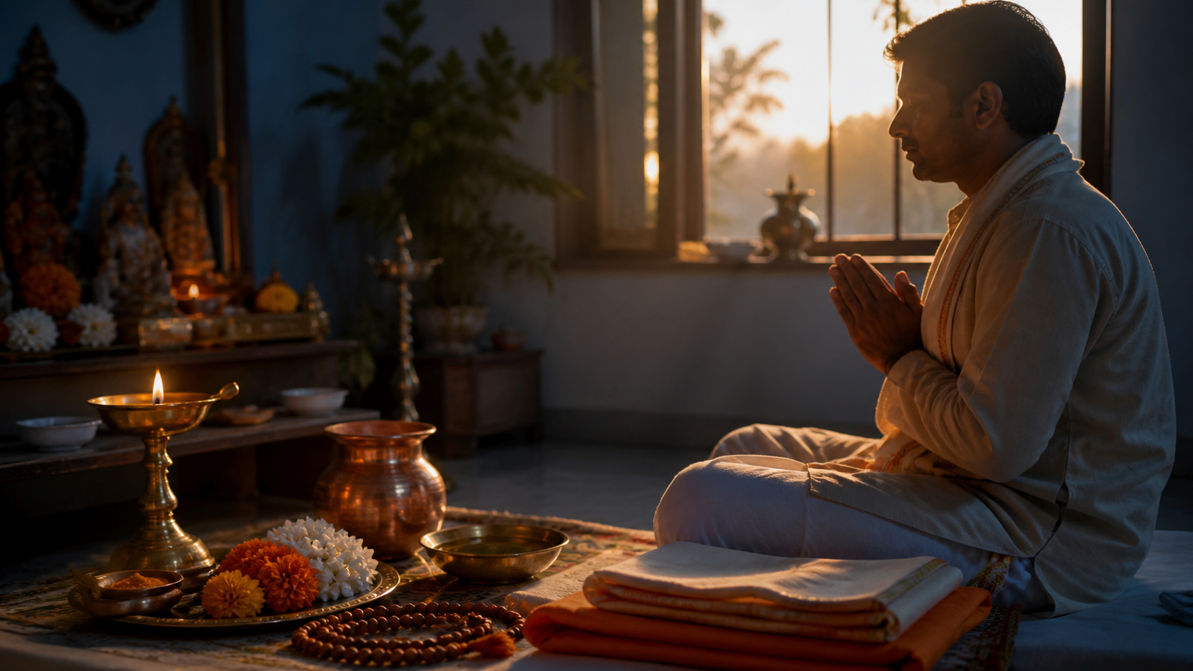 A devotee sits in a home prayer space at dawn beside a lit brass lamp, copper water vessel, prayer beads, and fresh flowers.