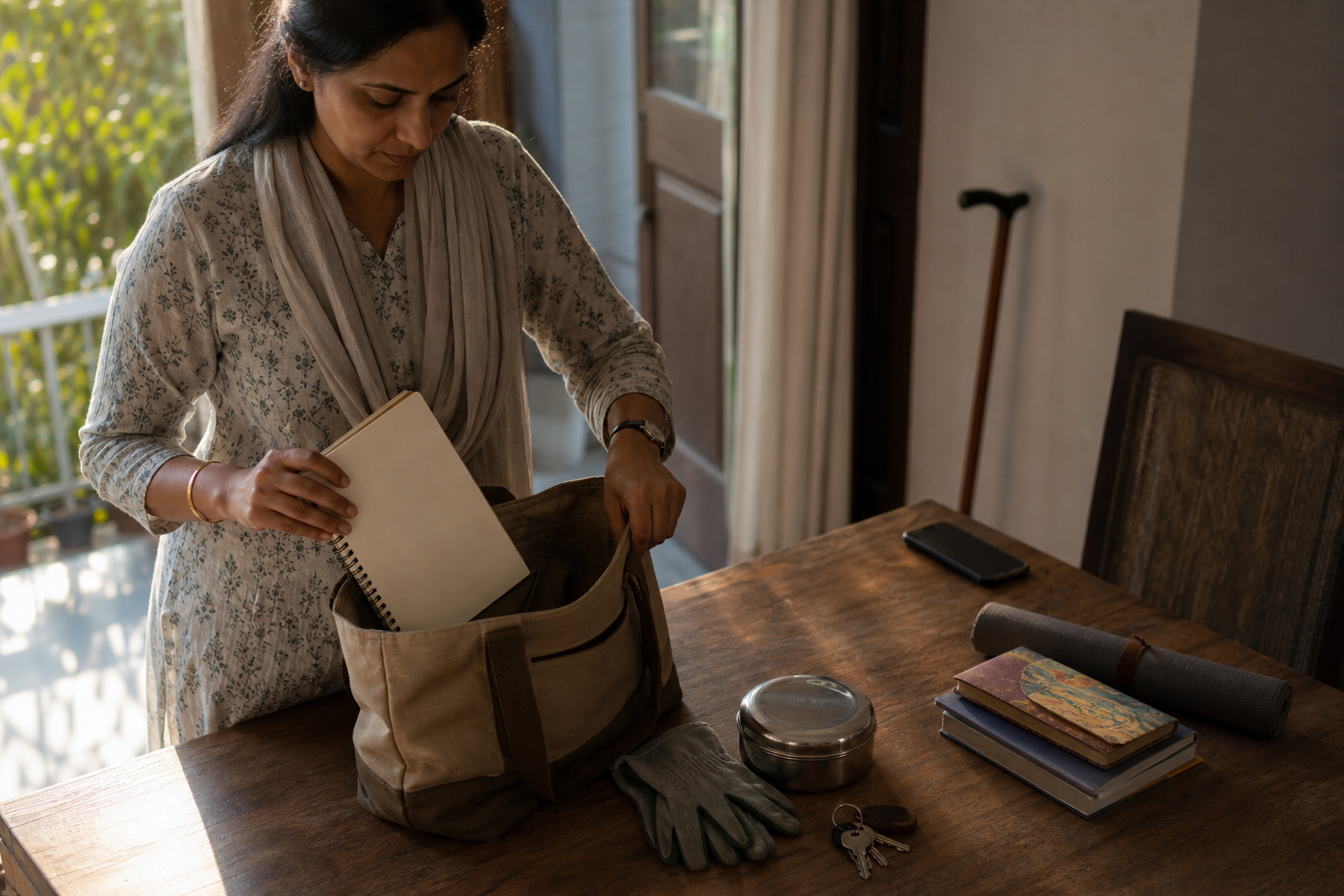 A woman deliberately packs work tools, food, and keys into a canvas bag while a phone rests face down at the edge of the table.