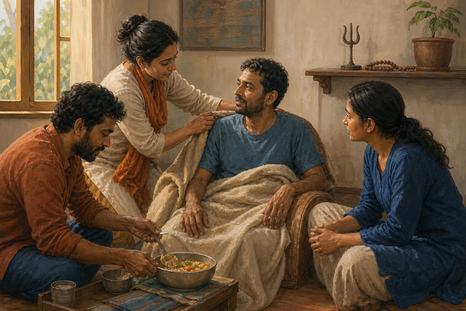 Community members comfort a recovering person with a blanket, food, and attentive companionship in a simple room.