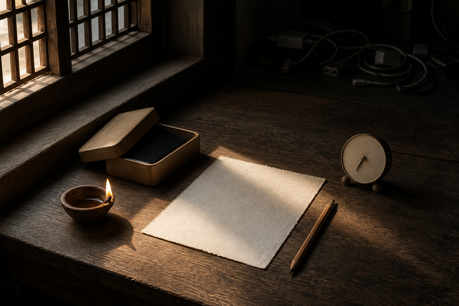 A clear wooden workspace holds a clay lamp, blank paper, pencil, timer, and a phone put away in a lidded box.