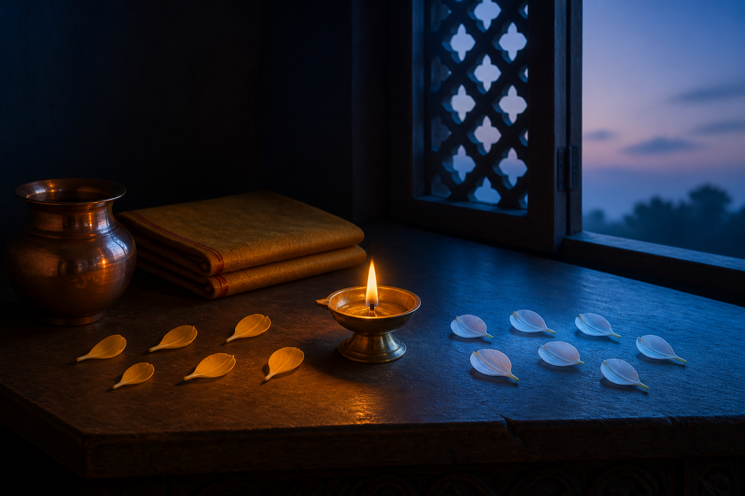 A brass prayer lamp stands between a shadowed group of six flower petals and a dawn-lit group of seven petals on a wooden altar.
