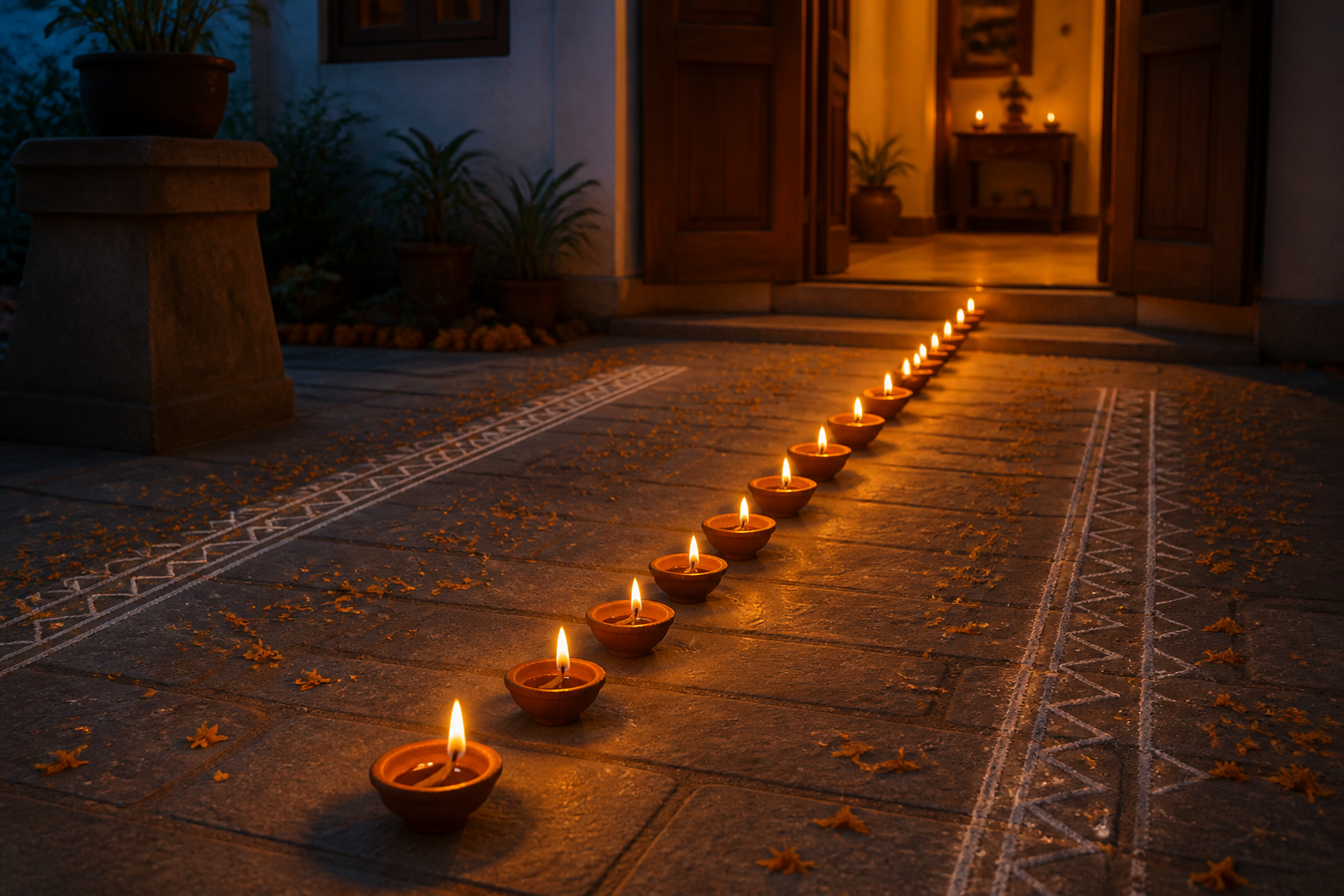A deliberate row of glowing clay diyas leads across a stone courtyard toward the warmly lit doorway of an Indian home at dusk.