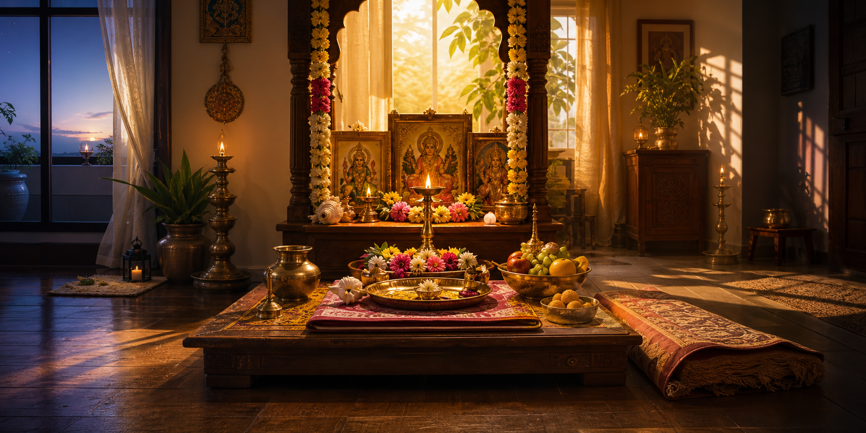 A panoramic prayer room changes from dawn through bright morning to late-afternoon shadows, with the prepared altar emphasized during the earlier hours.