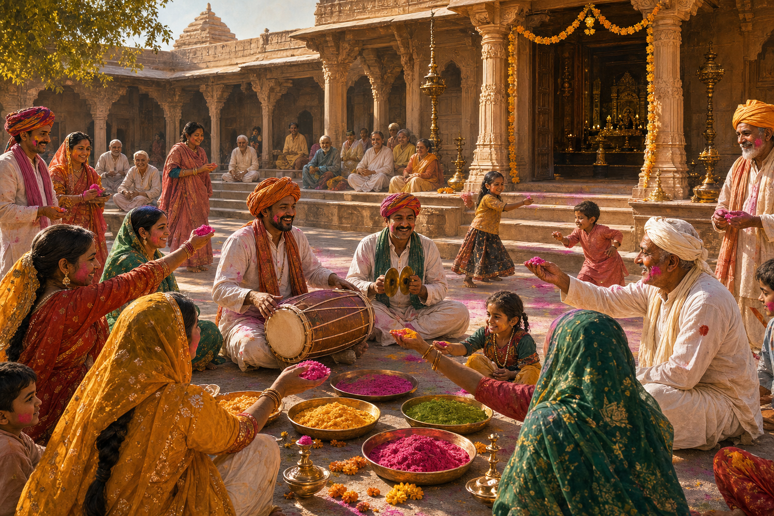 Families share dry colored powder during a Rang Teras gathering with musicians in a carved sandstone temple courtyard.