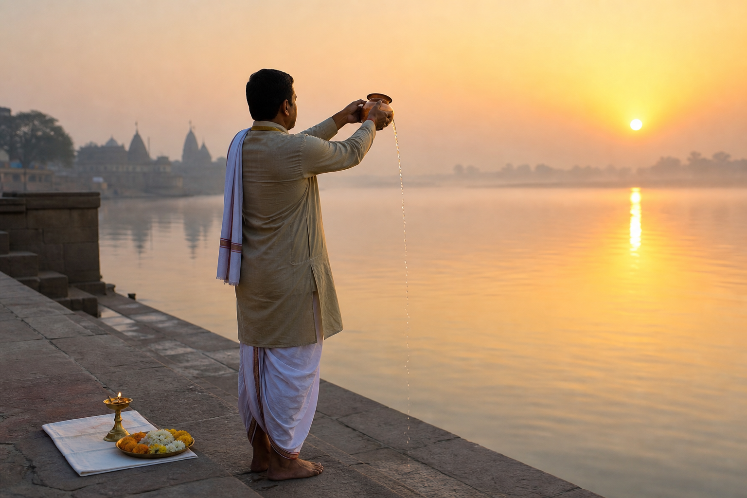 A devotee pours water from a copper vessel toward the rising sun on a quiet riverside ghat, with flowers and a small lamp nearby.