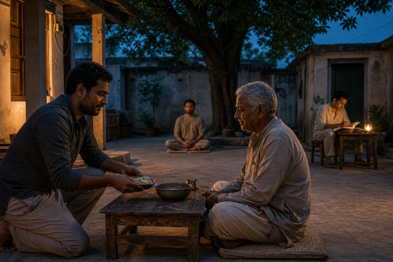 People in a community courtyard serve a meal, meditate beneath a tree, and reflect beside an open blank journal at dusk.