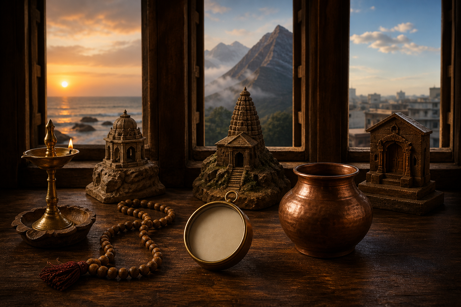 A prayer lamp, beads, copper vessel, blank compass, and miniature shrines sit before windows showing different horizons and daylight conditions.