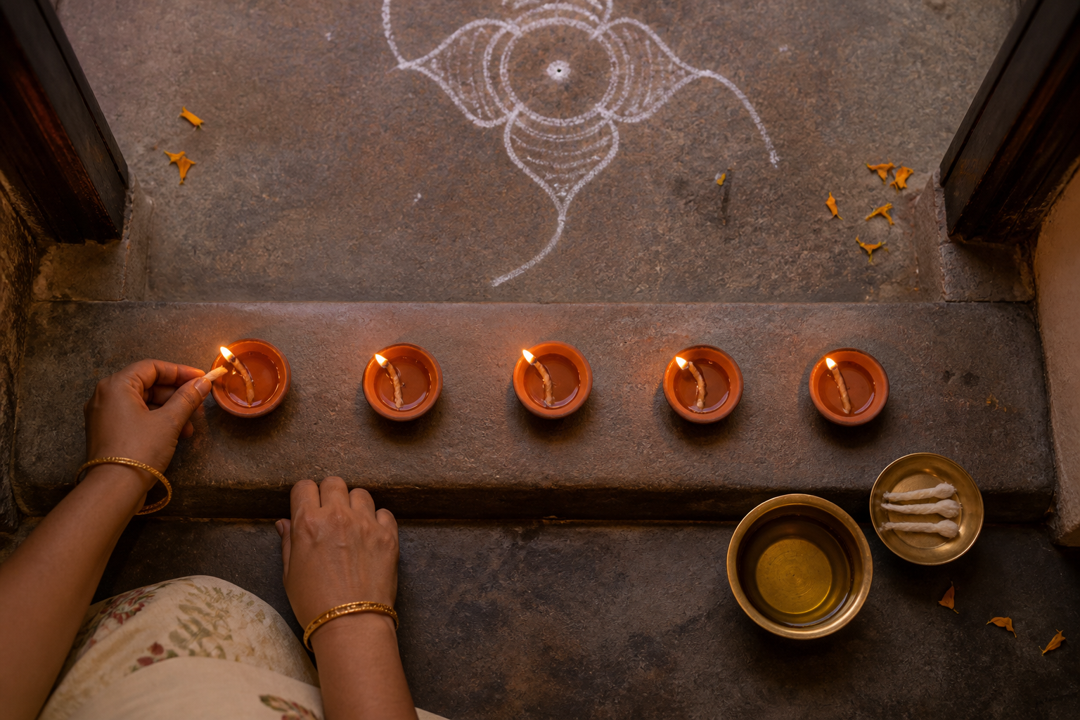 Hands arrange five clay diyas in a neat row beside oil, cotton wicks, marigold petals, and a simple rangoli at a home entrance.