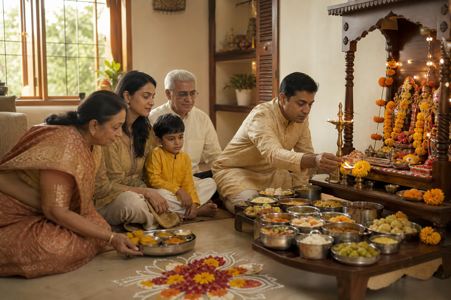 A family gathers at a home shrine with lit oil lamps, marigolds, rangoli, and a modest spread of vegetarian offerings on the morning after Diwali.
