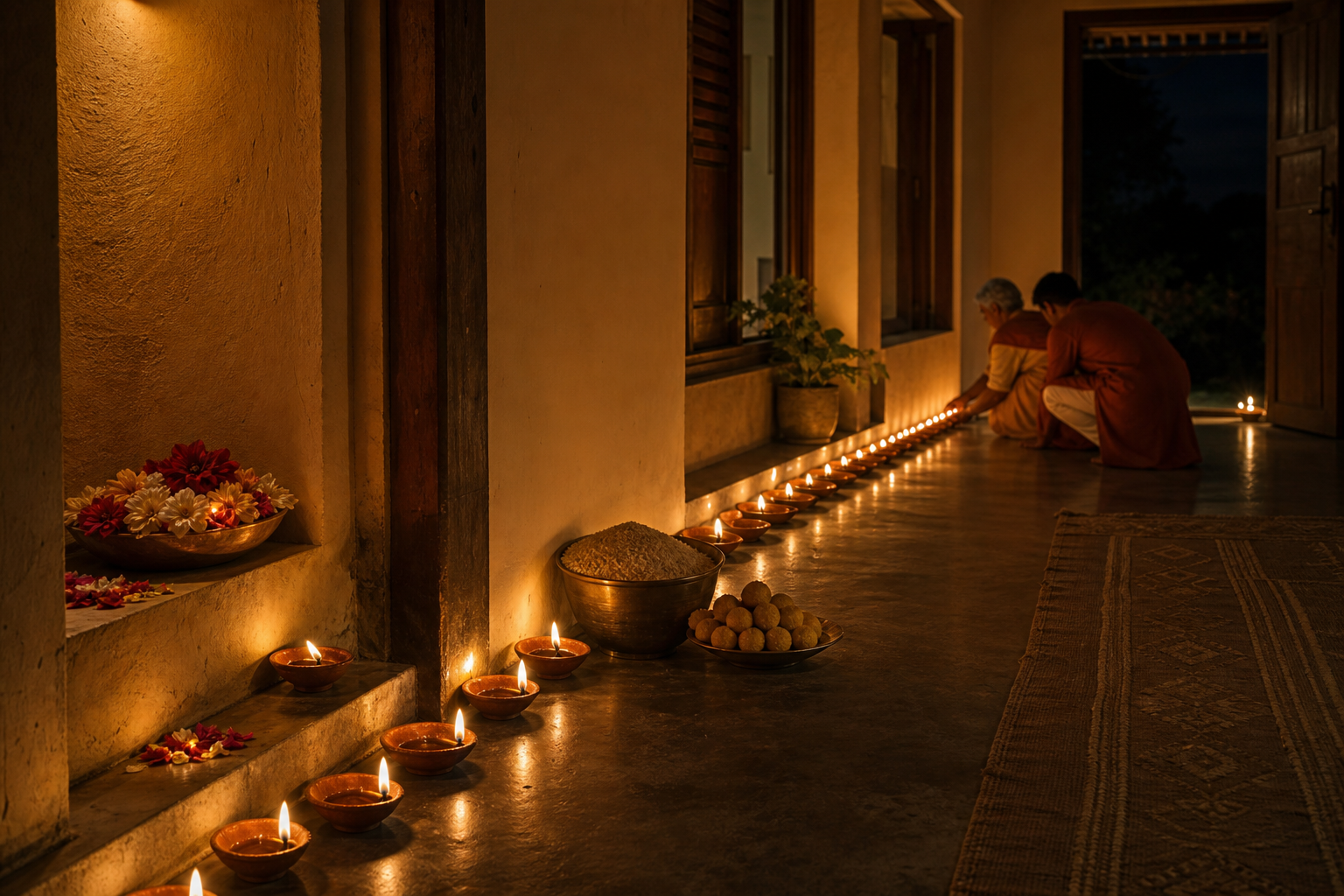 A continuous row of diyas links a prayer alcove, a bowl of grain, a windowsill, and an open household threshold while two family members tend the lamps.