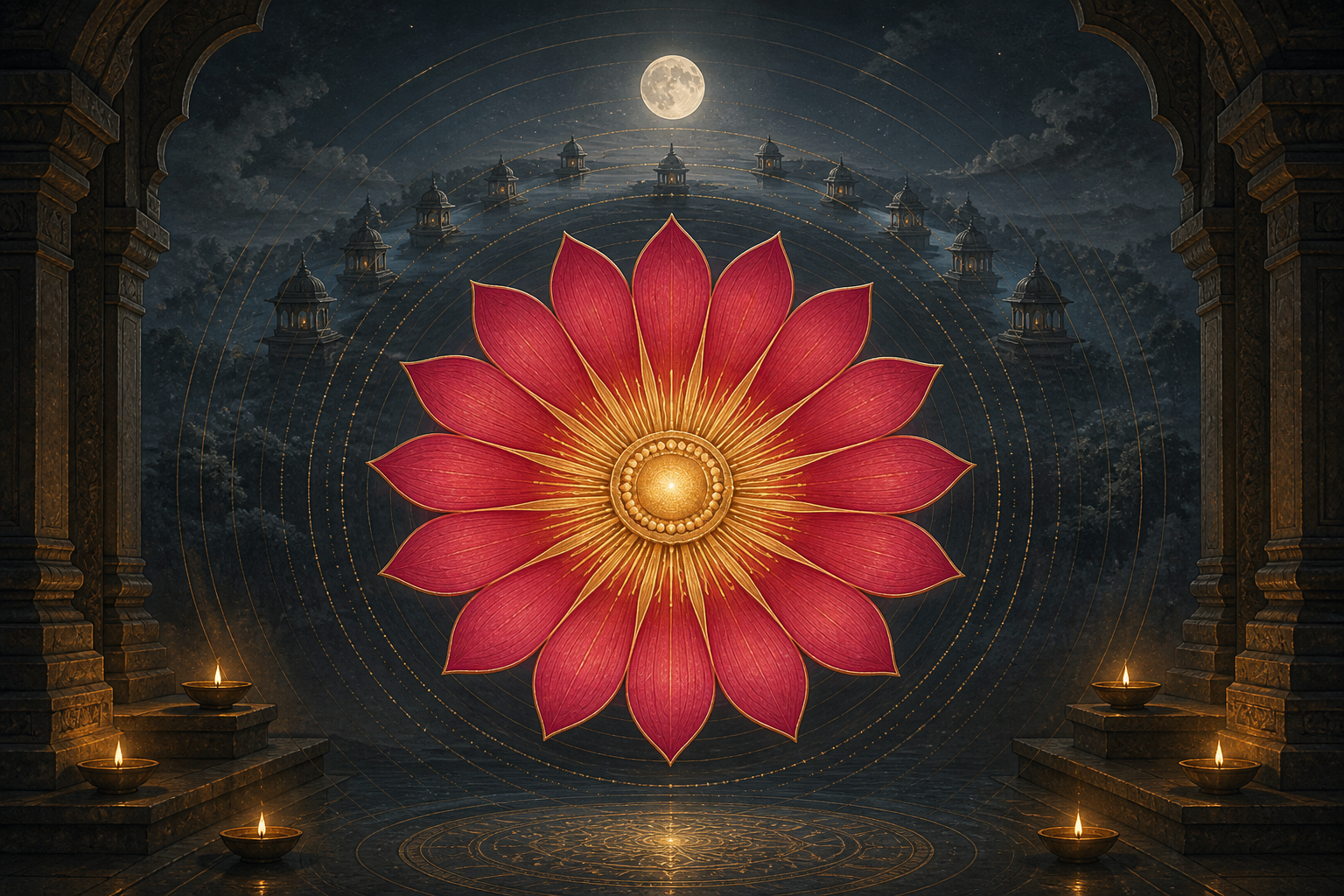A luminous sixteen-petalled red and gold lotus floats in a temple sanctum surrounded by geometric forms, sound-like rings, moonlight, and distant shrines.