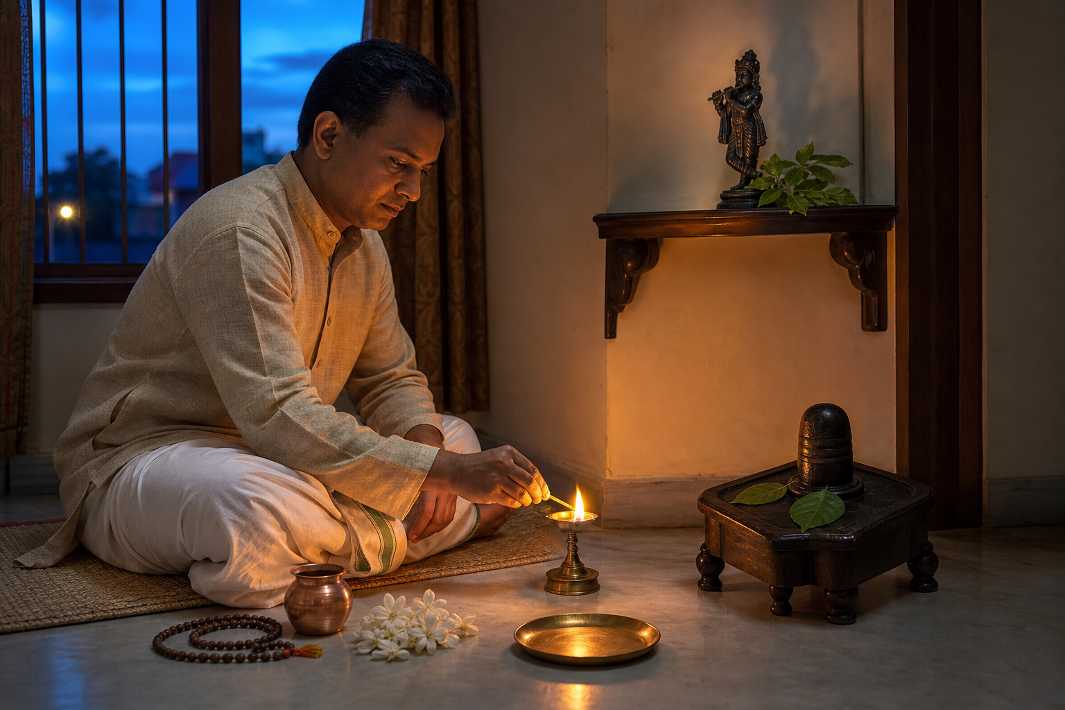A devotee lights a brass oil lamp in a simple home shrine with separate Krishna and Shiva worship spaces at twilight.