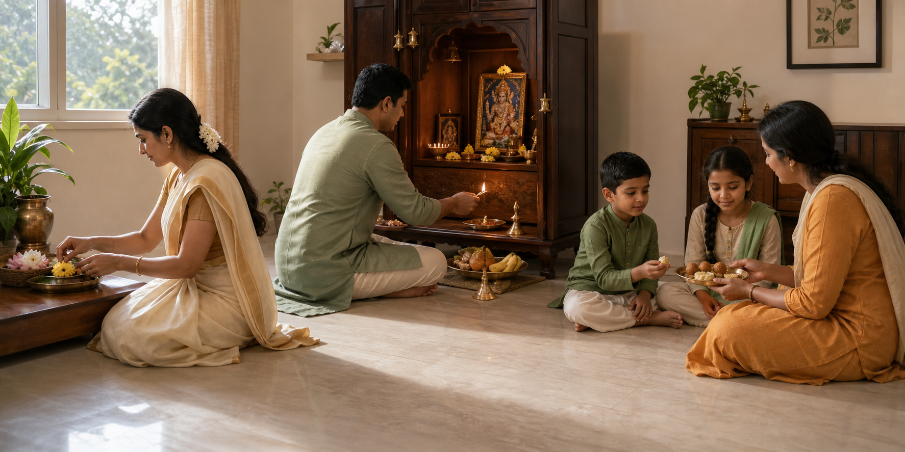 A home observance progresses from preparing a small altar to lighting a lamp, making a food offering, and sharing prasad with family.