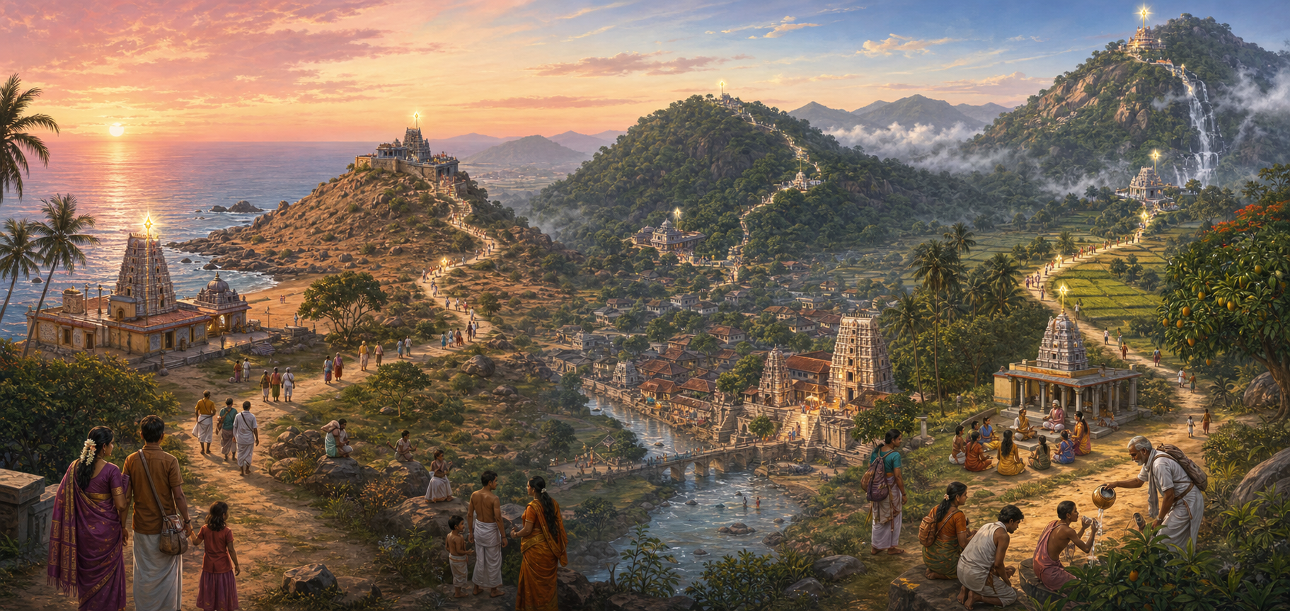 Pilgrims follow a winding route through six varied South Indian landscapes containing coastal, hill, forest, riverside, rural, and waterfall temples.