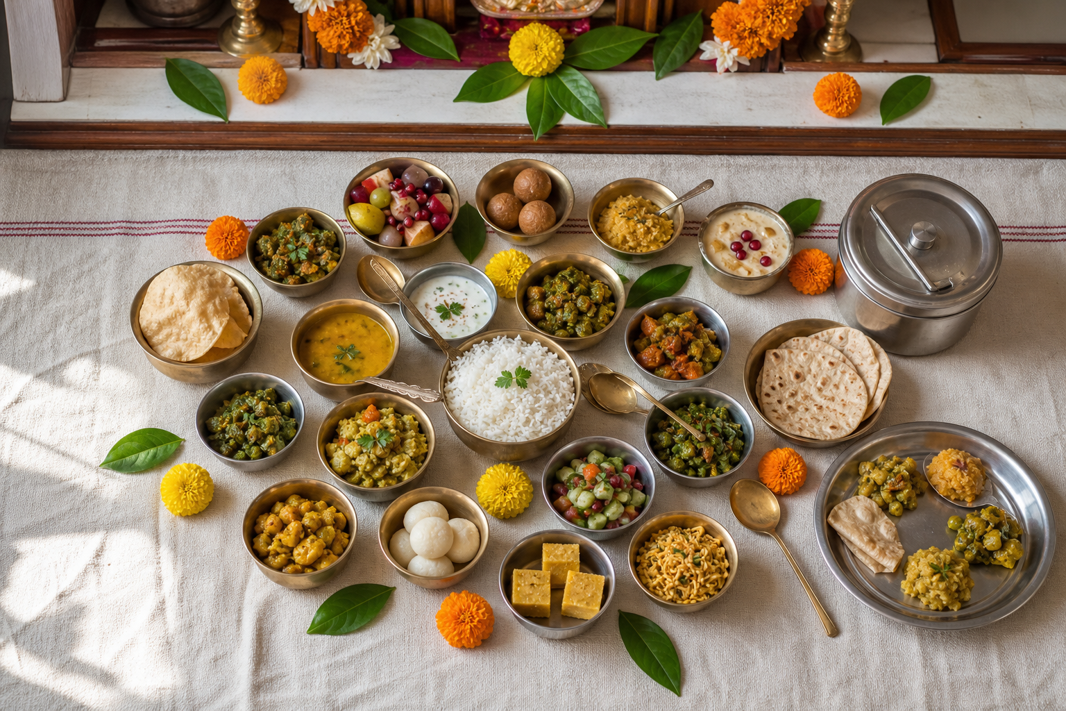 Small reusable bowls hold varied portions of vegetarian dishes, fruit, and sweets in a carefully planned Annakut offering.