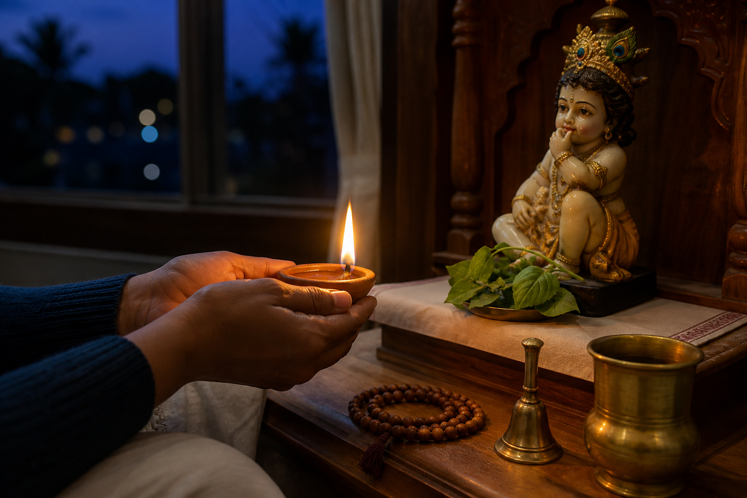 A devotee tends one clay ghee lamp before a small Krishna murti with tulsi leaves and prayer beads nearby.