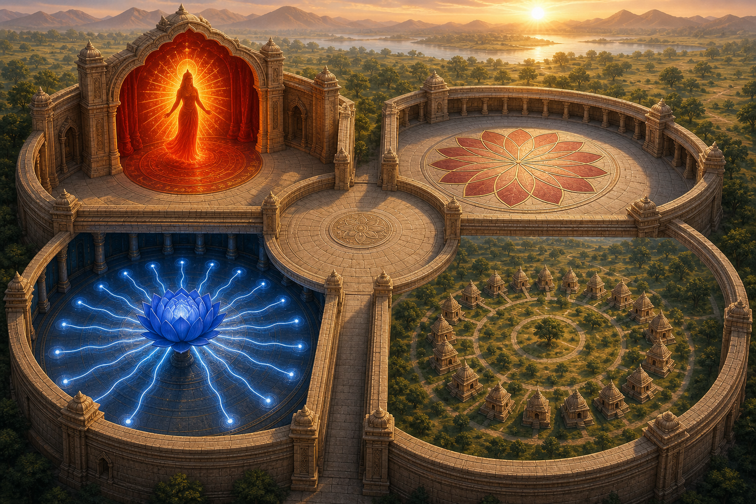 Four connected sacred spaces show a feminine radiance, a geometric lotus, waves emerging from a blue lotus, and a ring of temple settlements.