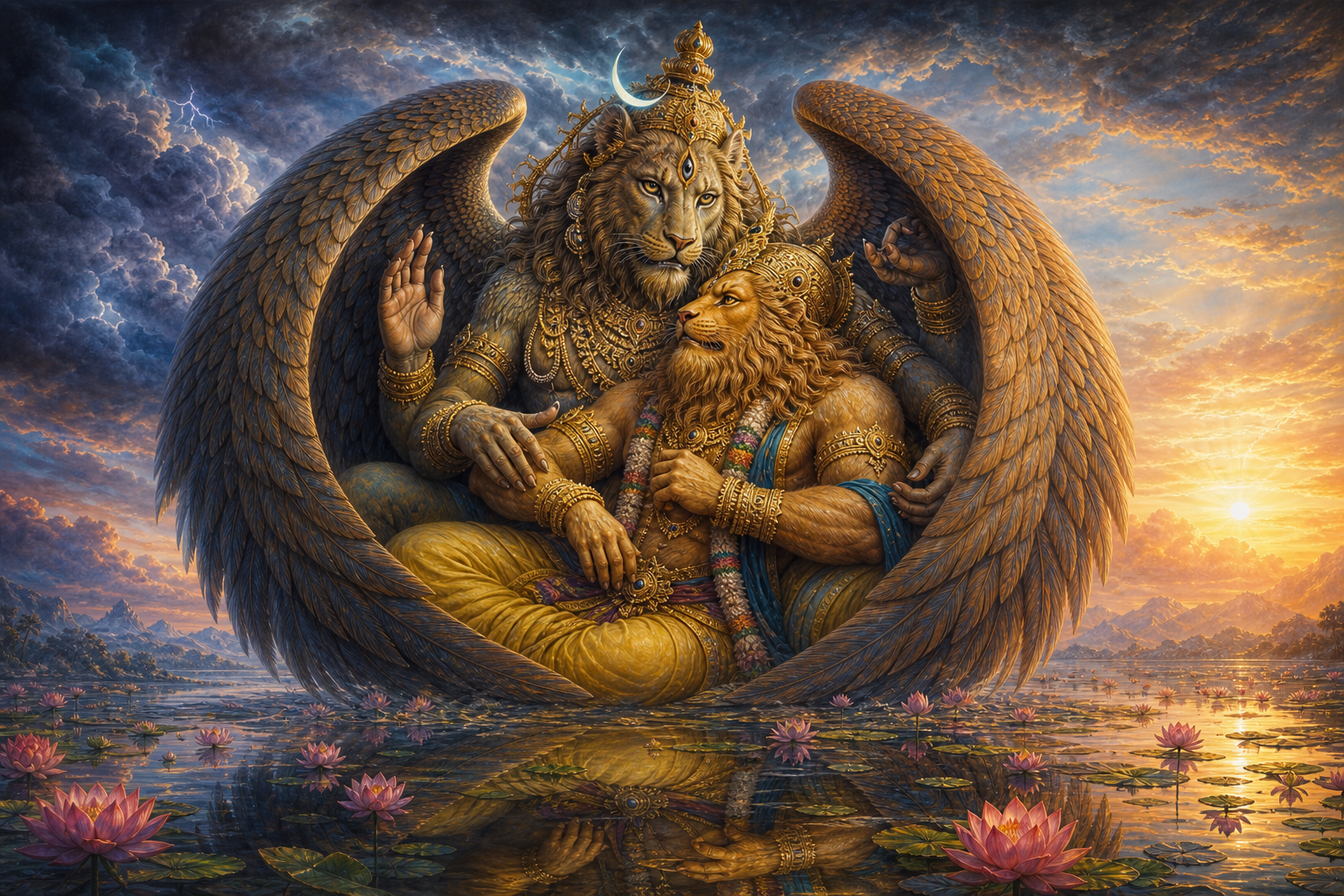 Winged, many-limbed Sharabha stands protectively near Narasimha as storm clouds clear above a calm lotus pool.