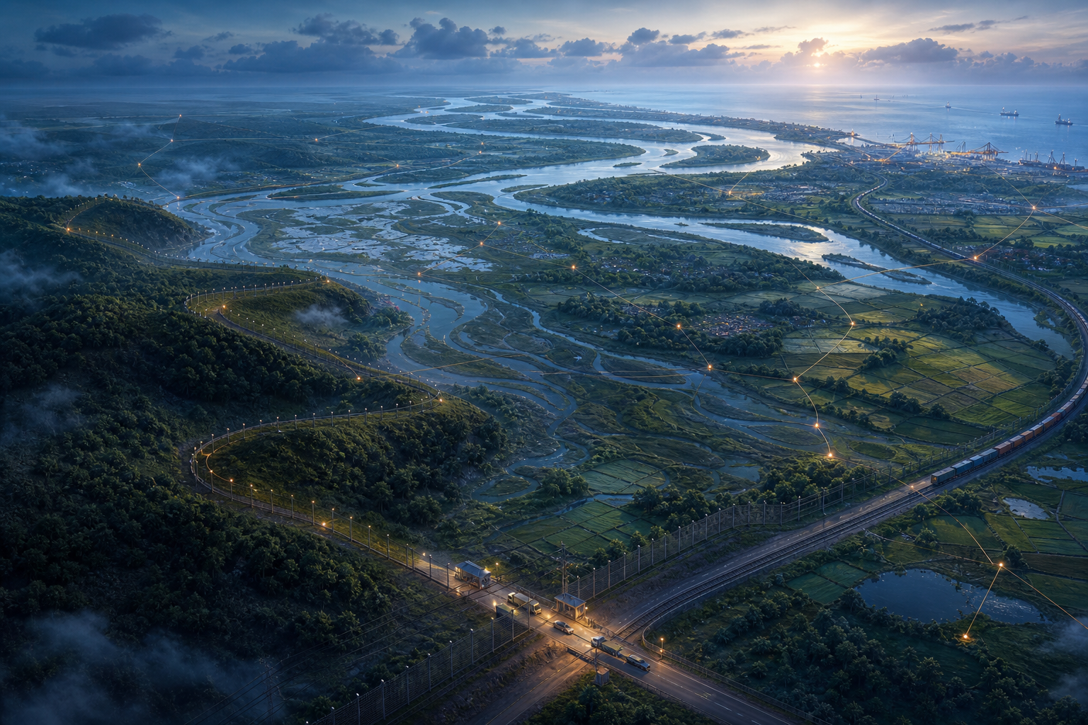 An unlabeled relief-style view of the Bangladesh-India eastern frontier with rivers, farmland, forested hills, border fencing, rail infrastructure and a guarded crossing at dawn.