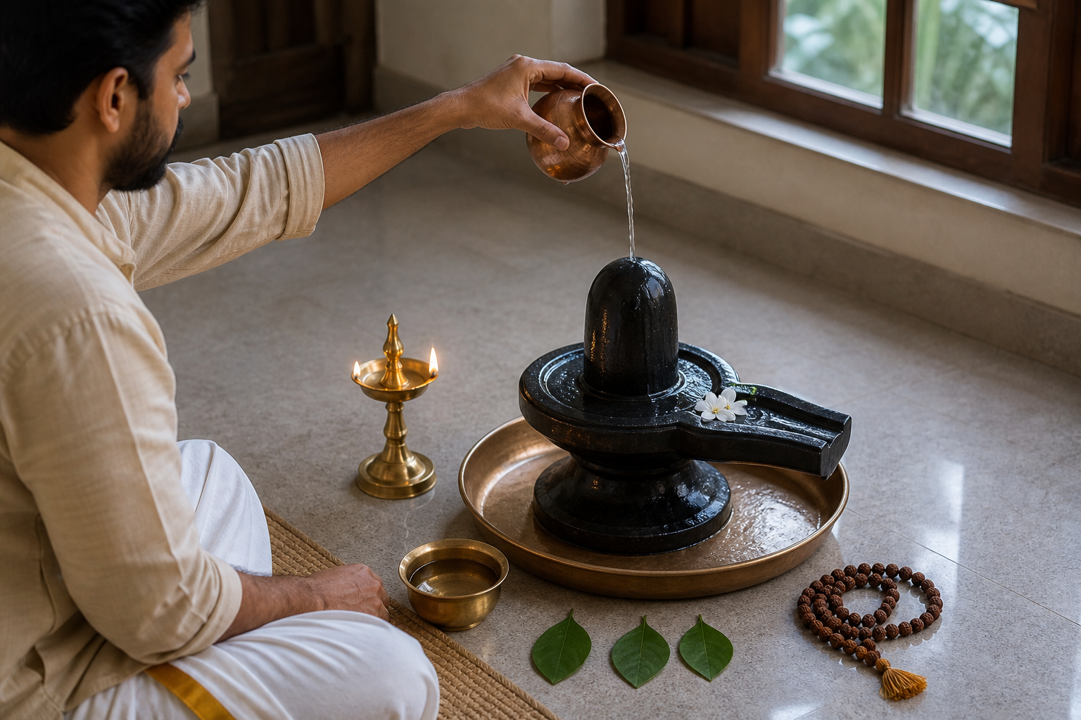 A seated devotee pours water over a Shiva lingam during a simple home puja with bilva leaves and white flowers.
