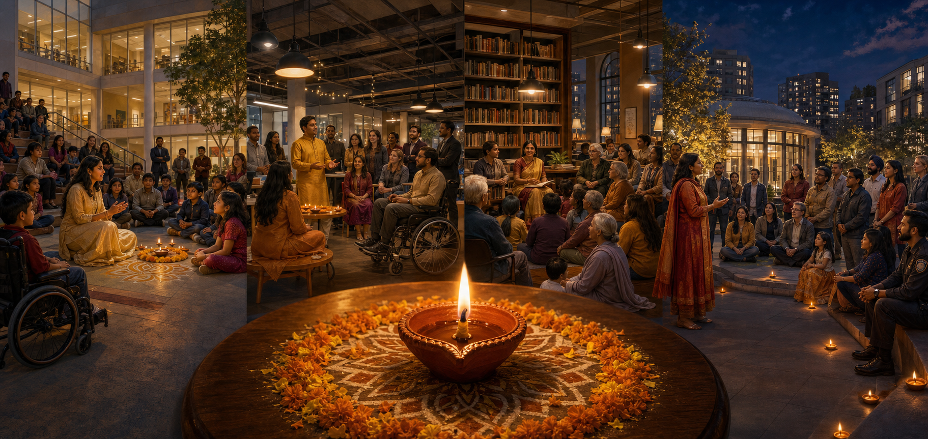 A glowing clay lamp connects scenes of South Asian-led Diwali observances in a school, workplace, public library, and civic plaza.