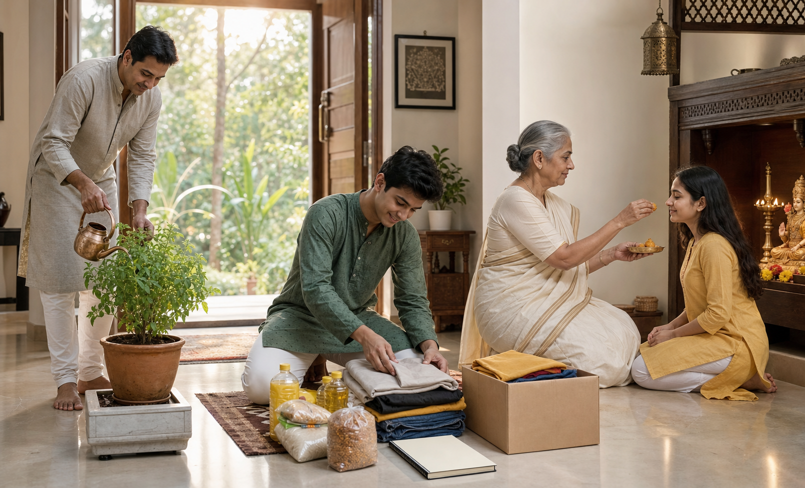Family members water a tulsi plant, prepare clothes and food for donation, and share prasad in a sunlit home.