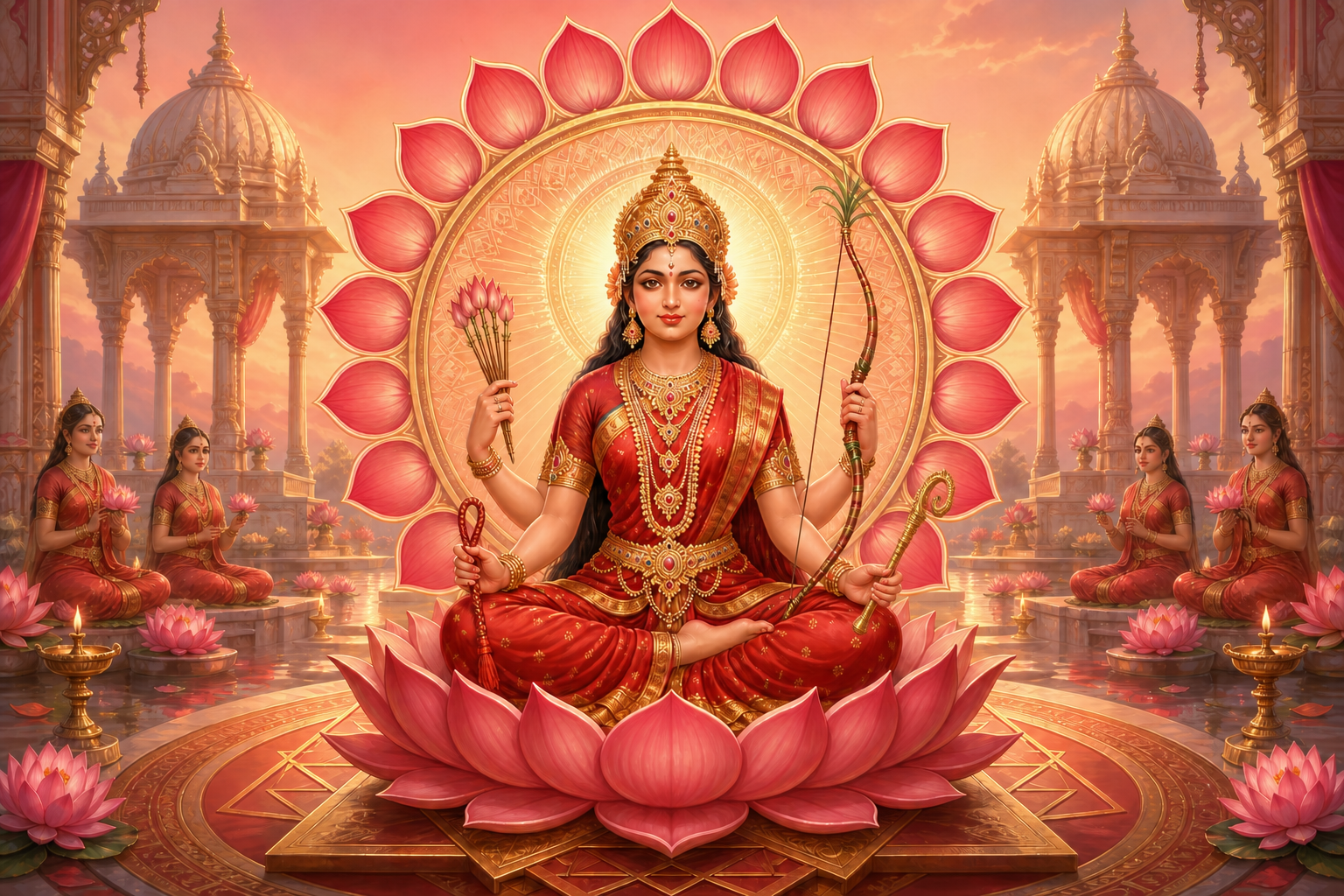 A four-armed divine feminine figure in red sits at the center of a radiant sanctuary, encircled by sixteen lotus petals and geometric forms.