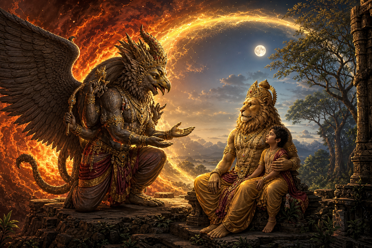 Sharabha raises a reassuring hand while a composed Narasimha and Prahlada sit nearby as a ring of fire softens into golden light.