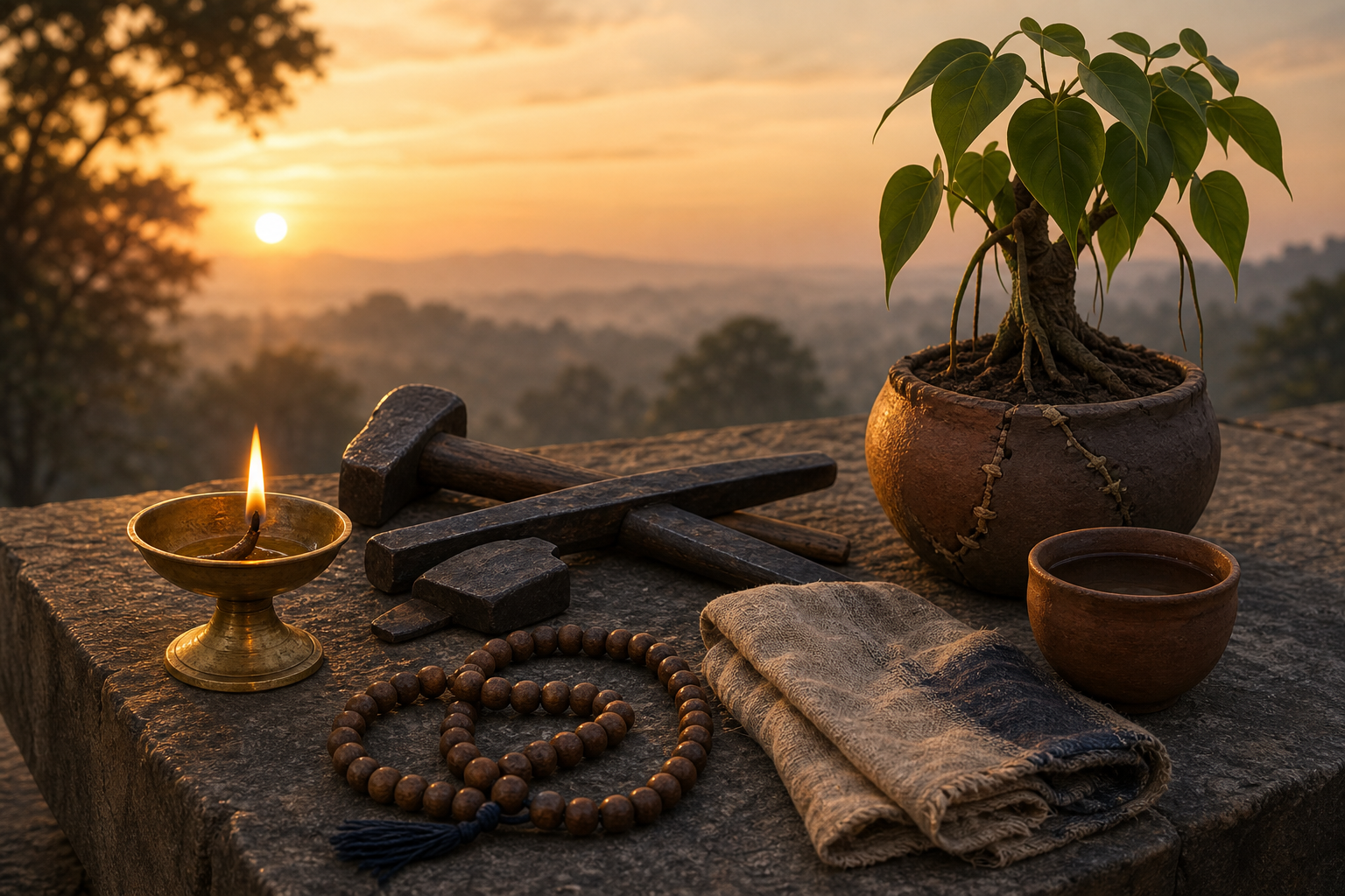A steady oil lamp glows beside iron tools, wooden meditation beads, folded cloth, a clay cup, and a banyan sapling in a repaired pot.