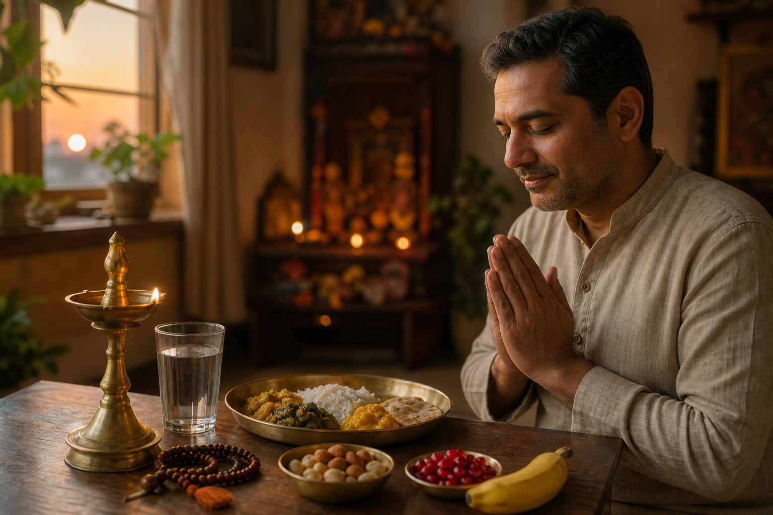 A devotee pauses beside a lit oil lamp before breaking a fast with water, fruit, nuts, and a simple vegetarian meal.