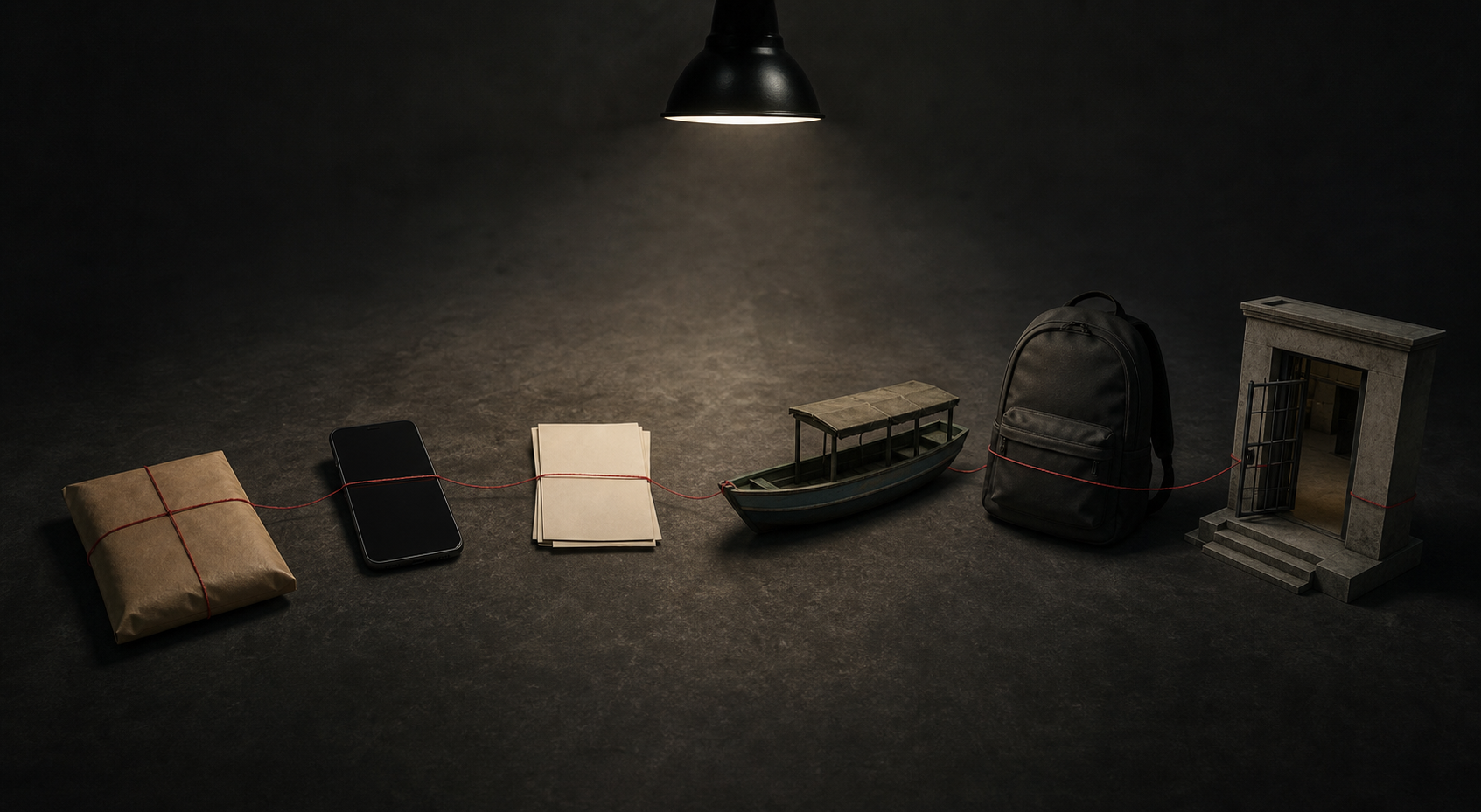 A cash packet, mobile device, blank documents, boat, backpack and doorway are connected by a red thread under an investigator's desk lamp.