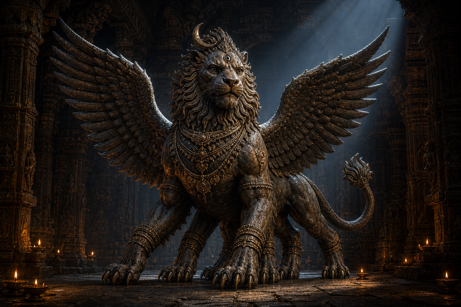 A winged, many-legged Sharabha with a lion-like face, third eye, crescent moon, claws, and ritual ornaments stands inside a lamp-lit stone temple.