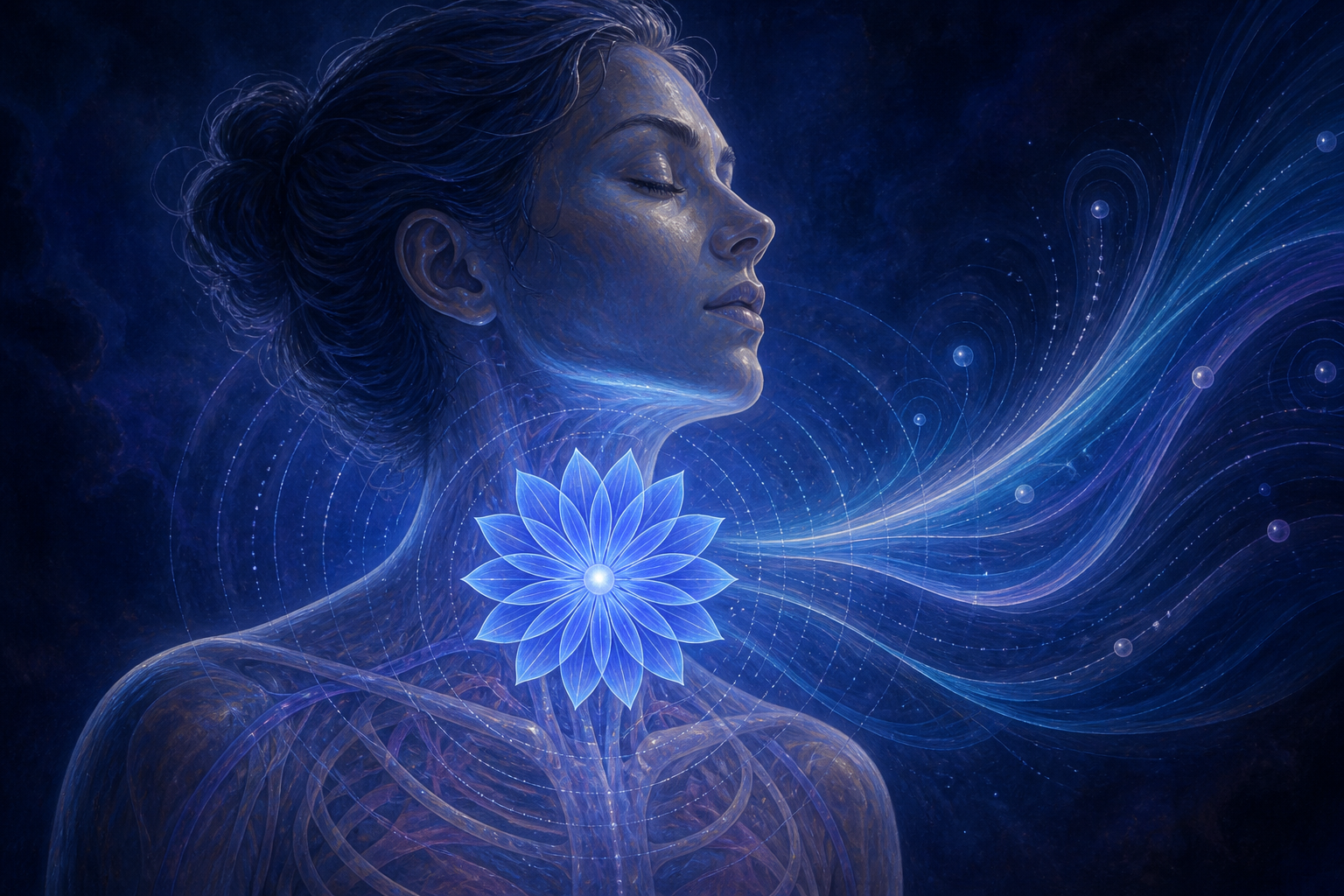 A blue sixteen-petalled lotus glows at the throat of a meditating figure as luminous rings and ribbon-like waves spread outward.