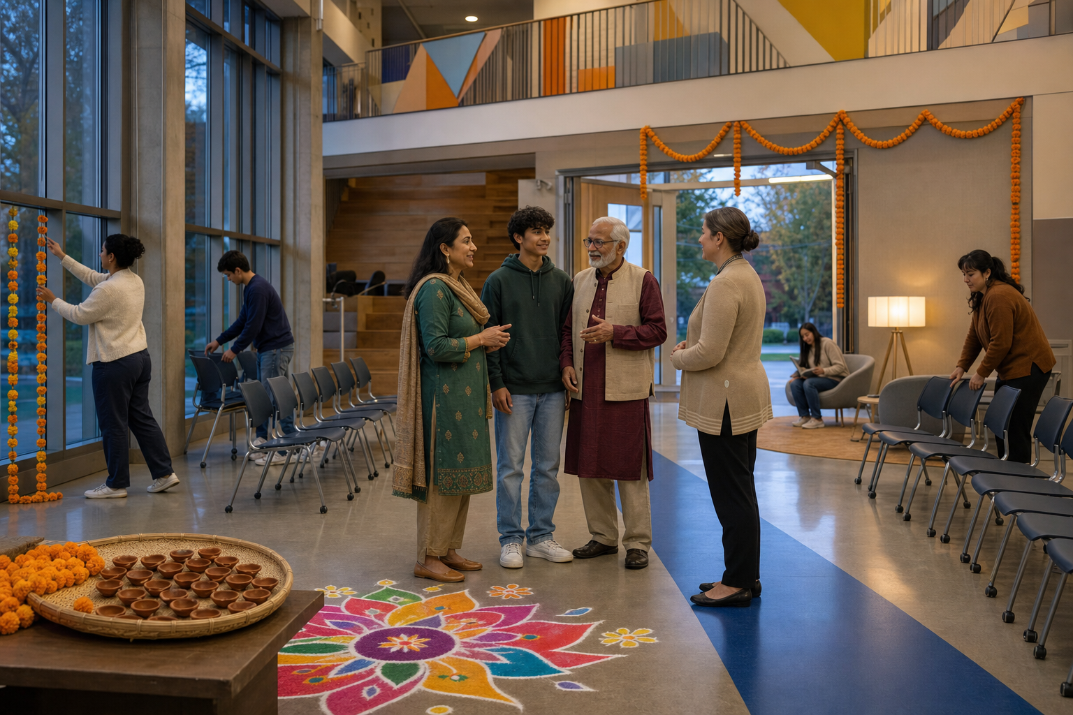 South Asian community members and school staff prepare an accessible public school atrium for a Diwali gathering.