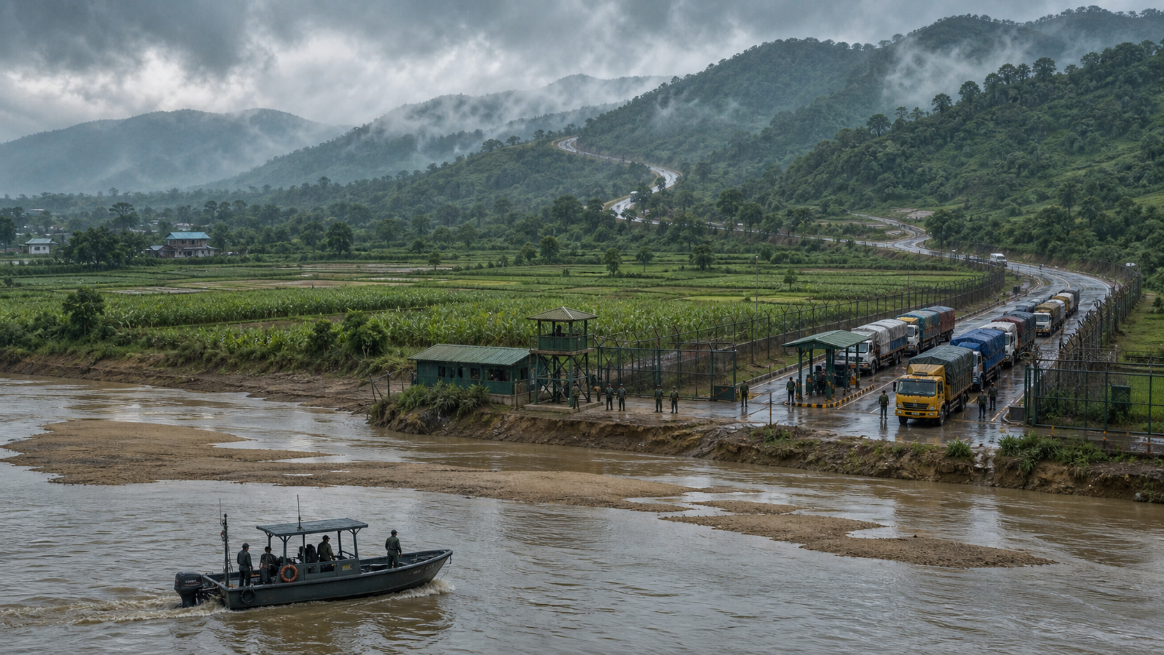 Border personnel monitor a monsoon river, fenced checkpoint, waiting trucks, farmland and forested hills along a complex eastern frontier.